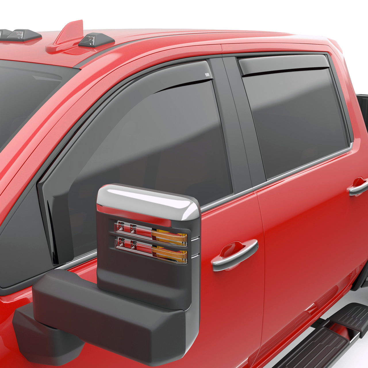 EGR In-channel Window Visors - Front & Rear Set Dark Smoke Extended - 20-24 Cab Chevrolet Silverado & GMC Sierra 2500HD & 3500HD