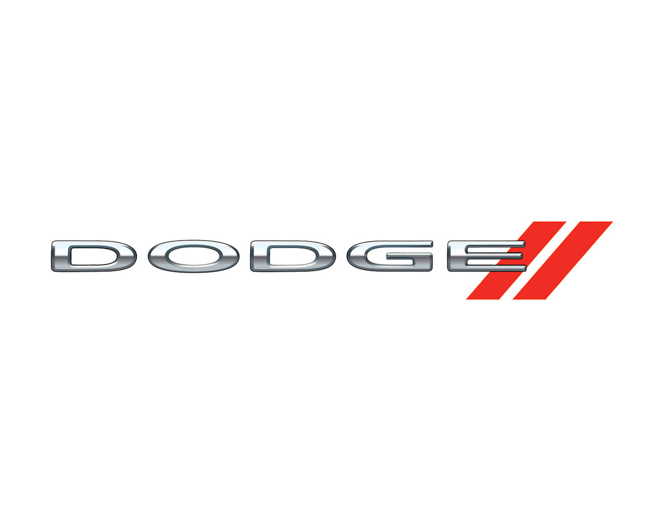 Dodge logo that bas the word dodge and two red diagonal stripes at the end slight behind the E
