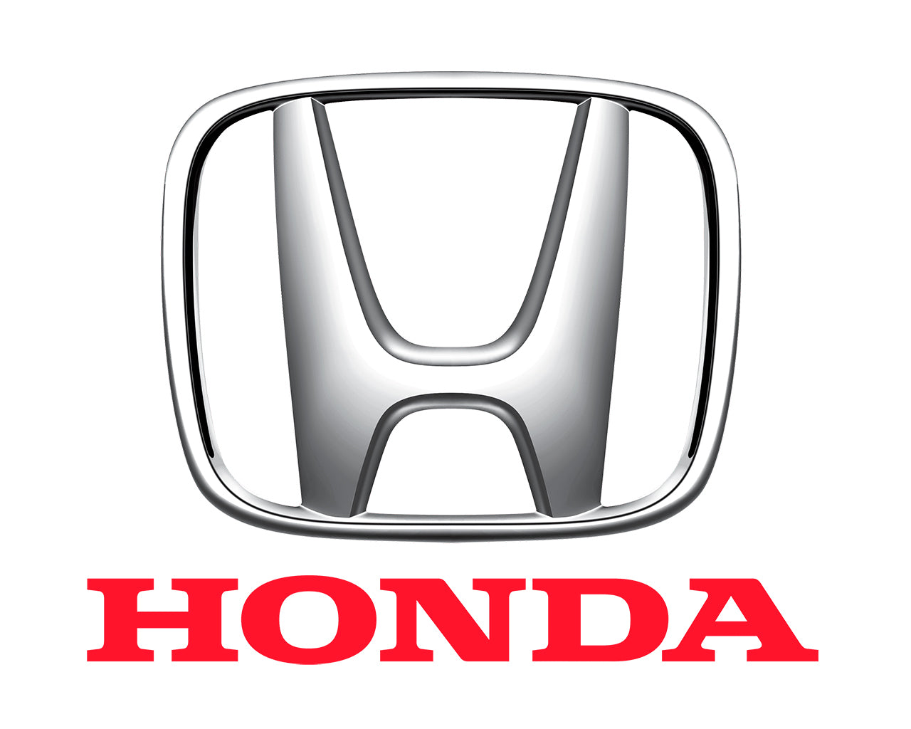 Honda symbol of a chrome H in a square above the word Honda in red
