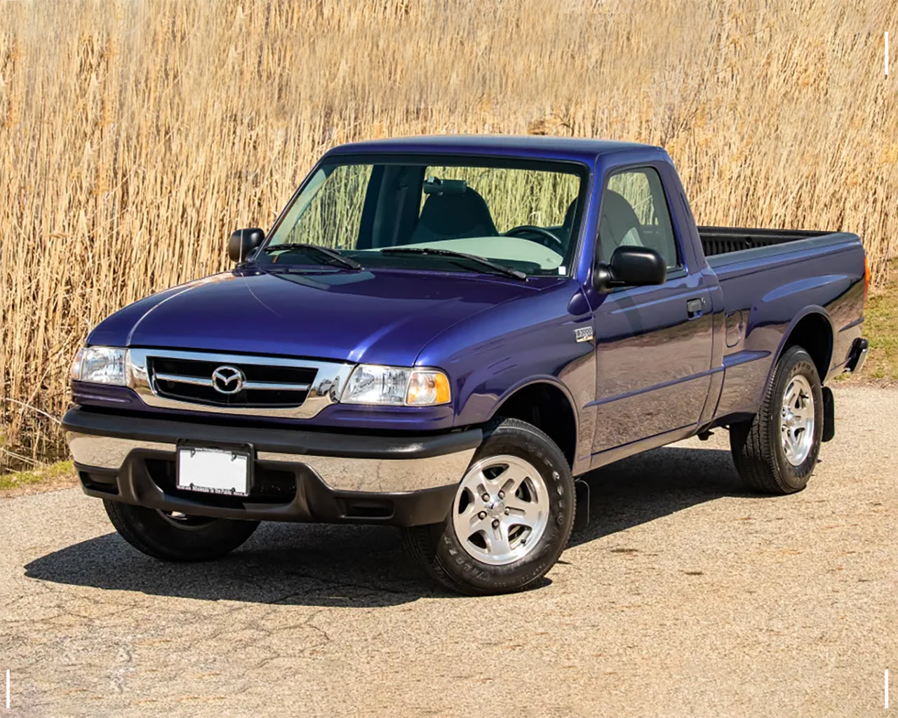 Blue Mazda B3000 pickup truck parked in front of a field of tall grass