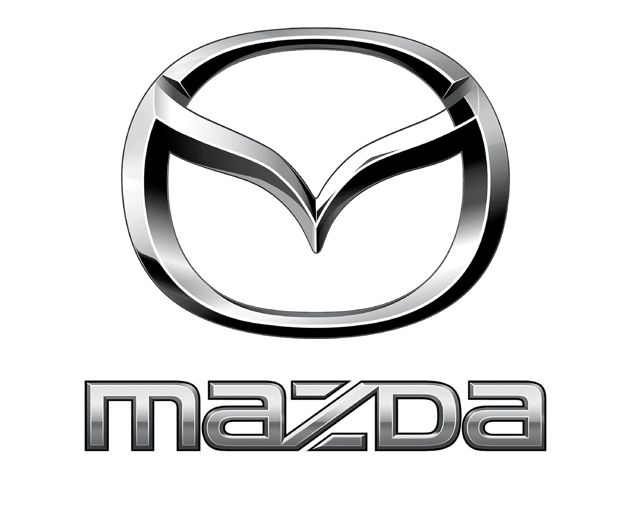 Square circle with two sections making a point in the center, the symbol is above a word that spells MAZDA in all caps