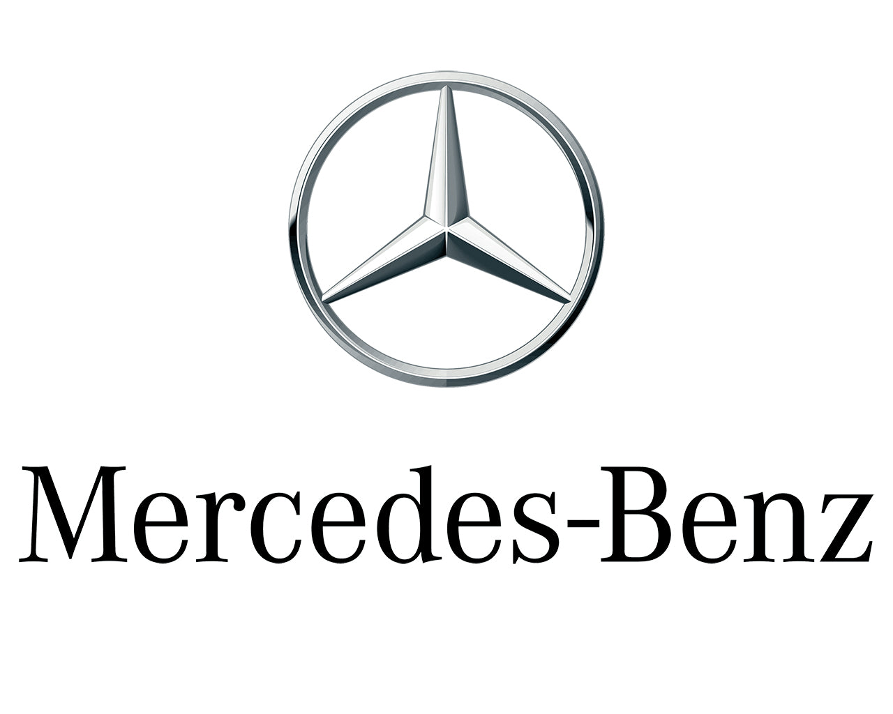 Mercedes-Benz Logo 3 pointed star in circle above the company name spelled out in black