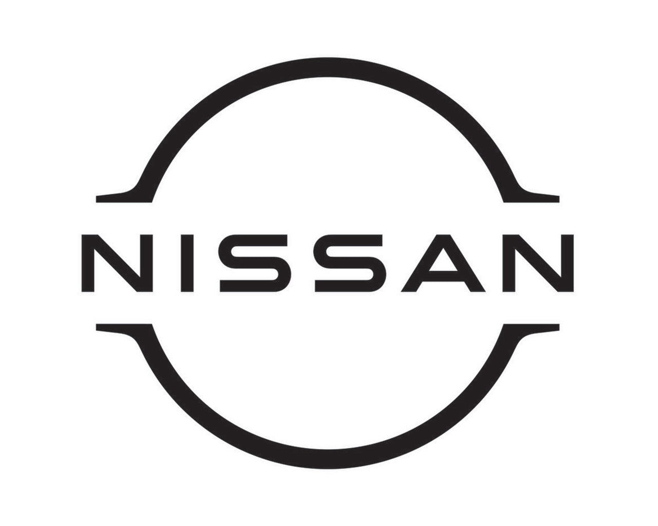 Black and white logo of the Nissan logo, word Nissan in the center with two arcs above and below it