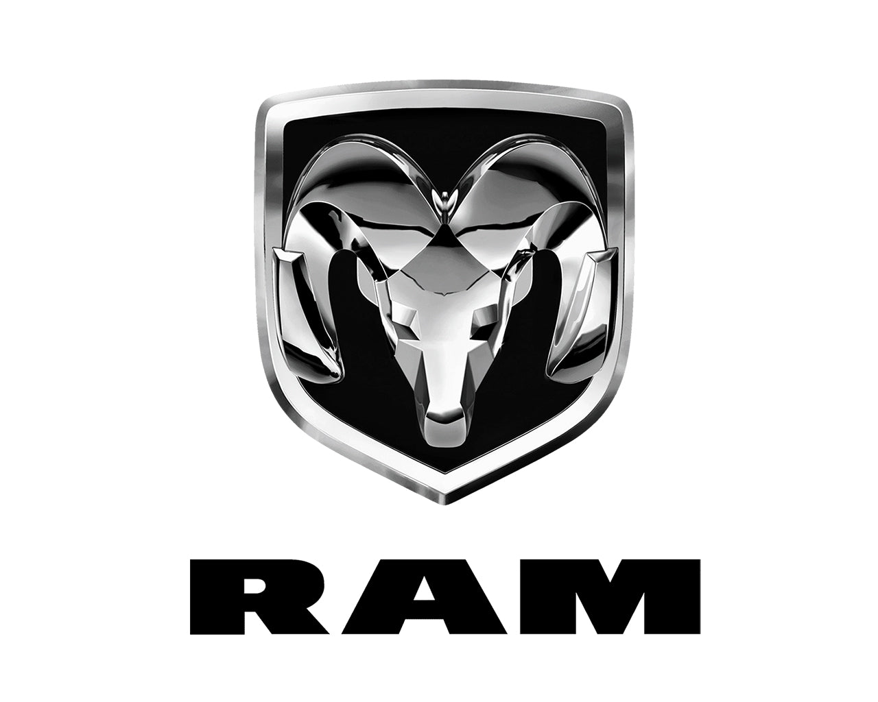 Chrome ram head in a shield with a black background oriented above the word RAM in all caps