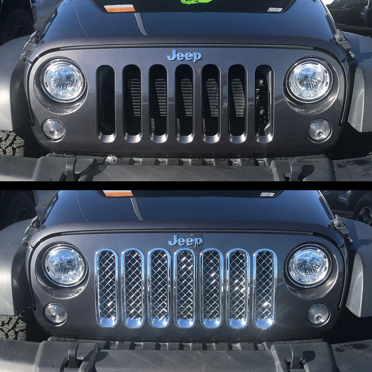 Trim Illusion - Chrome Tape-on Patented Grille Overlay 07-17 Jeep Wrangler, 2018 Jeep Wrangler JK Sport/Sahara/Rubicon/Unlimited Sport 7 PCS Chrome Tape-on Patented Grille Overlay