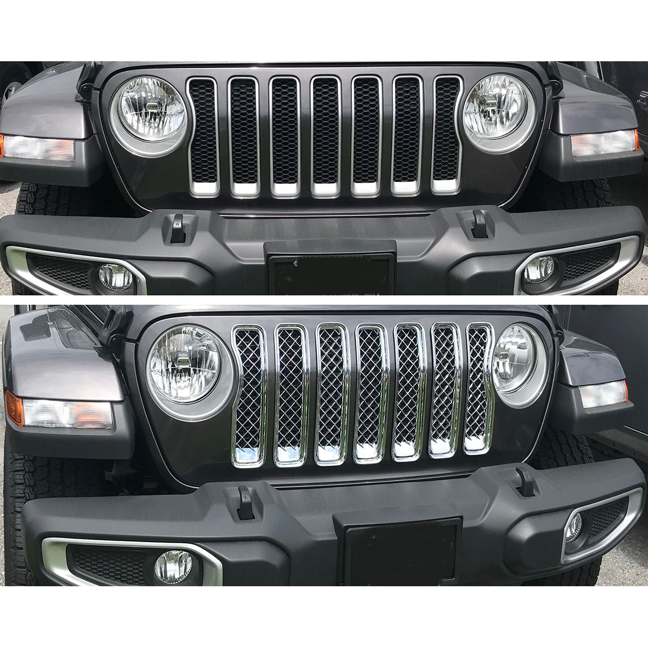 Trim Illusion - Chrome Tape-on Patented Grille Overlay 18-23 Jeep Wrangler Sahara/Rubicon Does not fit grille with Camera 7 PCS
