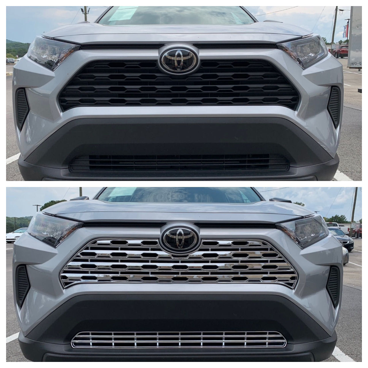 Trim Illusion - Chrome Patented Snap-on W/Tape Patented Grille Overlay 19-23 Toyota RAV4 LE/XLE/Premium Does not fit grille with Proximity sensor 2 PCS