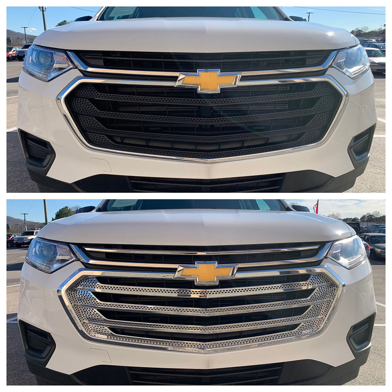 Trim Illusion - Chrome Patented Snap-on W/Tape Patented Grille Overlay 18-21 Chevrolet Traverse Fits grille W/ or W/O Camera 4 PCS