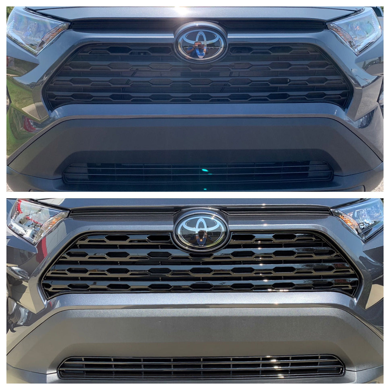 Trim Illusion - Gloss Black Patented Snap-on W/Tape Patented Grille Overlay 19-23 Toyota RAV4 LE/XLE/Premium Does not fit grille with Proximity sensor 2 PCS