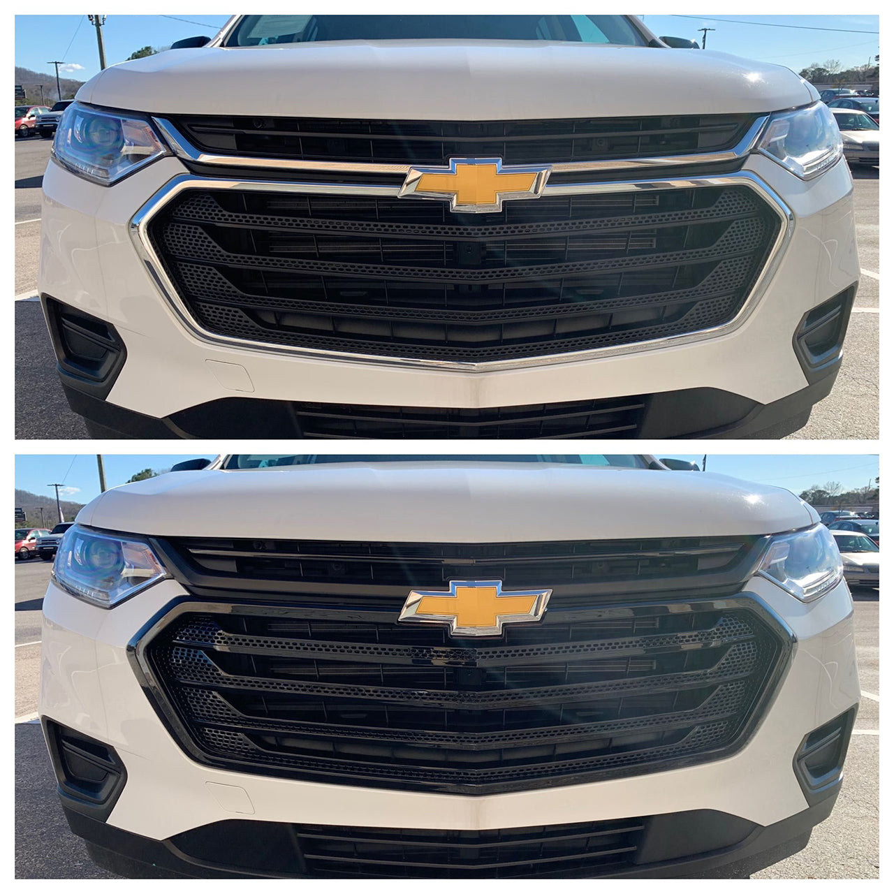 Trim Illusion - Gloss Black Patented Snap-on W/Tape Patented Grille Overlay 18-21 Chevrolet Traverse Fits grille W/ or W/O Camera 4 PCS