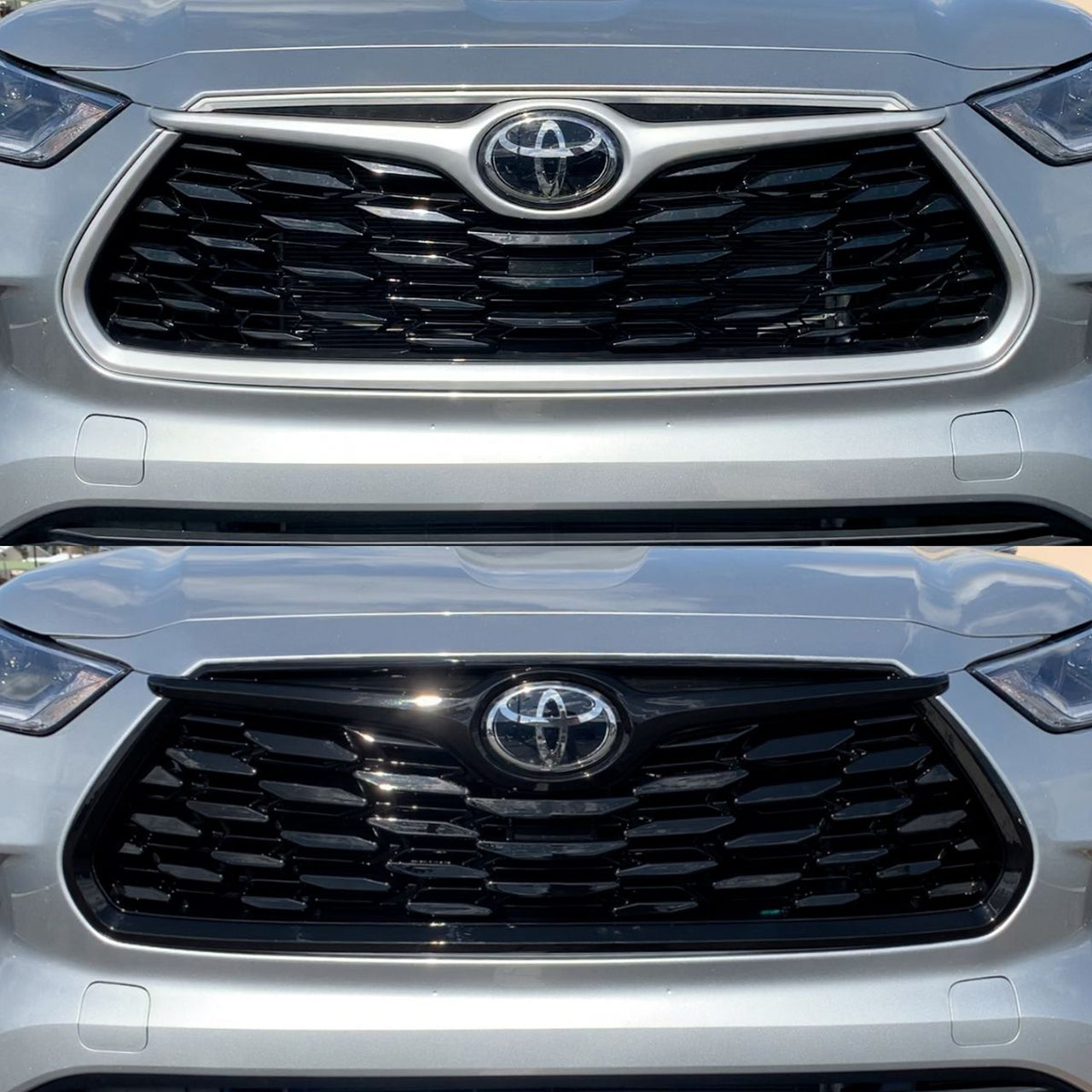 Trim Illusion - Gloss Black Patented Snap-on W/Tape Patented Grille Overlay 20-23 Toyota Highlander Does not fit XSE Fits grille W/ or W/O Camera 1 PC